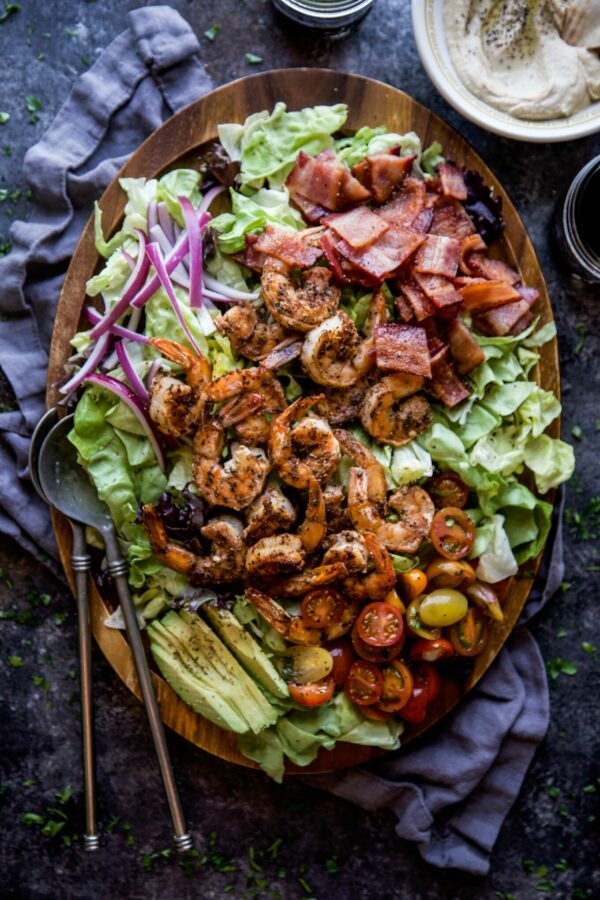 turkish shrimp blt salad on a plate