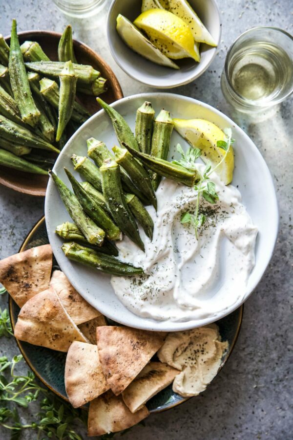 Grilled Okra with Coriander-Lemon Lebneh