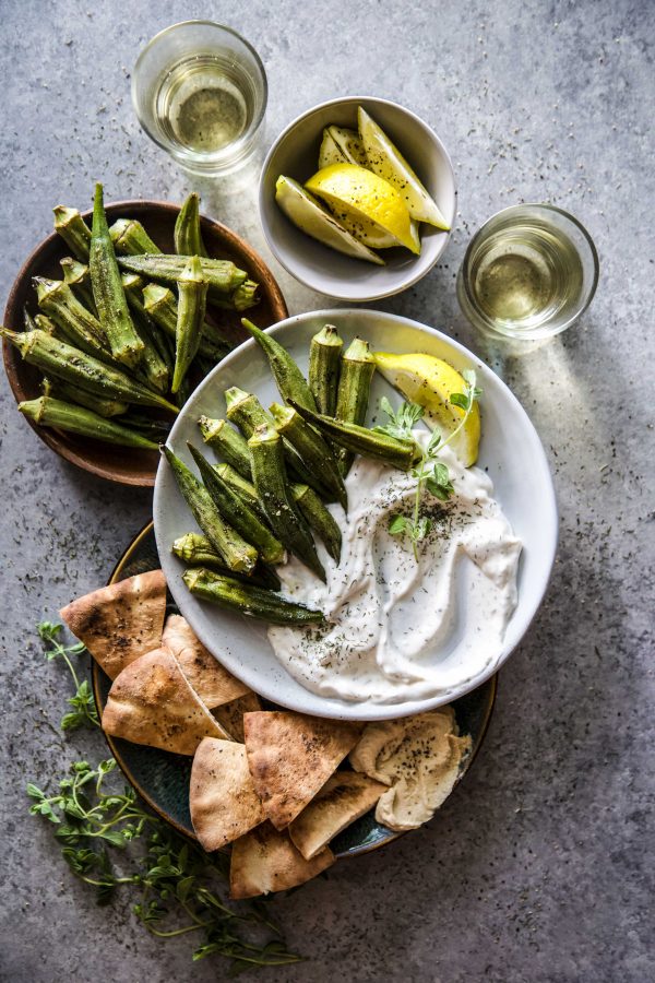 Grilled Okra with Coriander-Lemon Lebneh