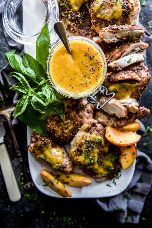 Spiced Chicken Thighs with Peach Barbecue Sauce