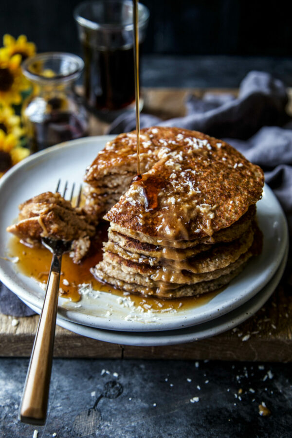 Banana Coconut Blender Pancakes with Peanut Butter Maple Syrup