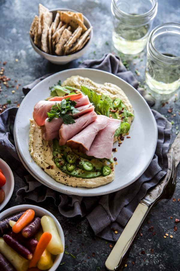 Hummus with Spiced Avocado & Ham