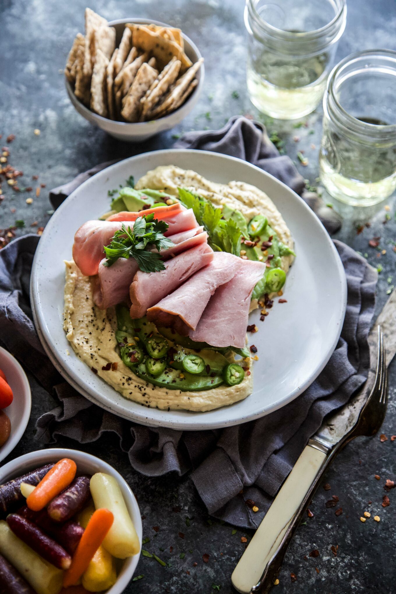 Hummus with Spiced Avocado & Ham