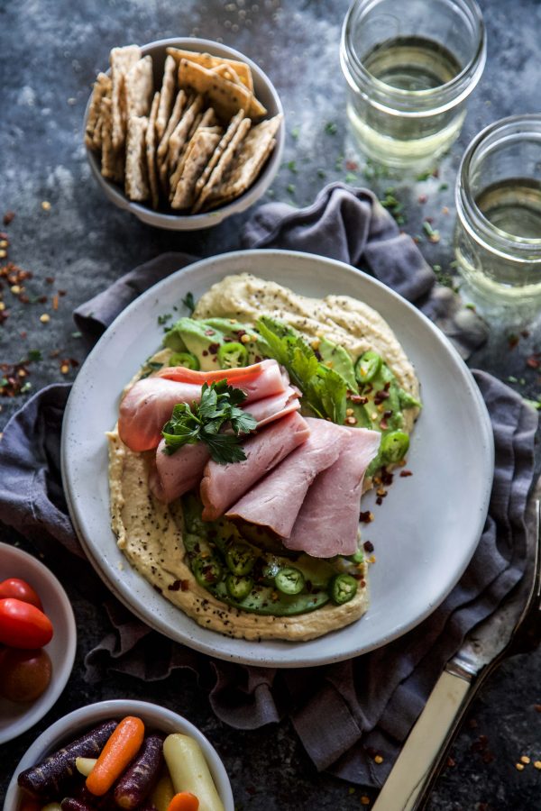 Hummus with Spiced Avocado & Ham