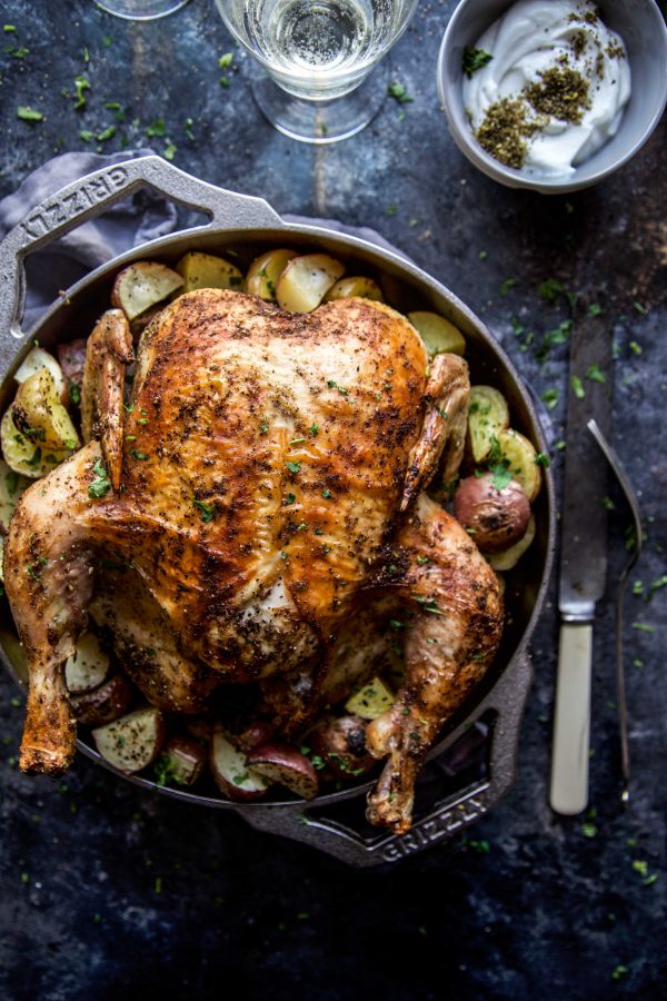 Za'atar Roasted Chicken and Potatoes with Spiced Labneh