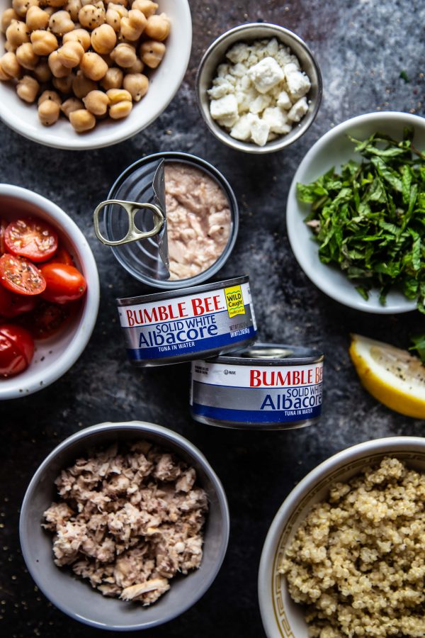 ingredients used to make Mediterranean Tuna and Quinoa Salad