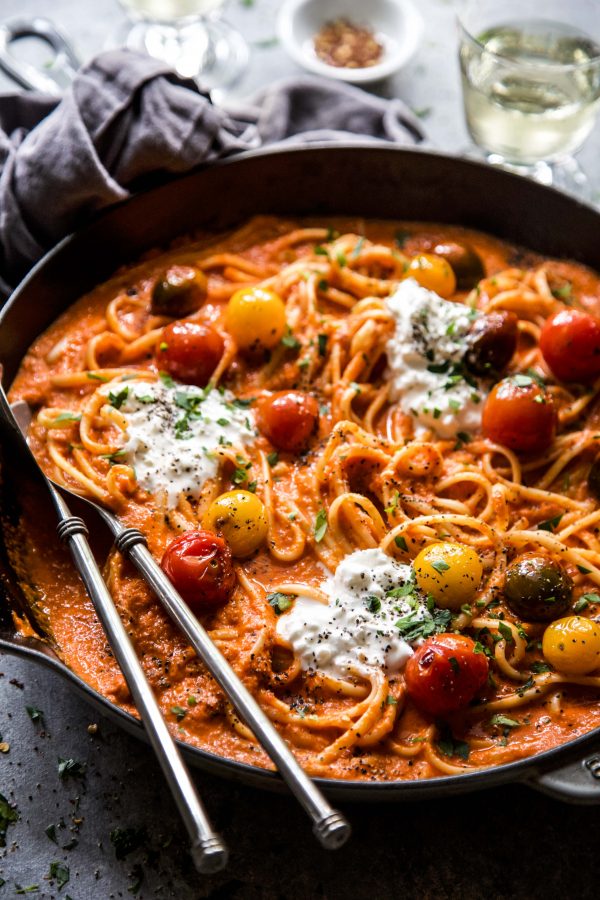 Roasted Red Pepper Alfredo with Burst Tomatoes and Burrata - The ...