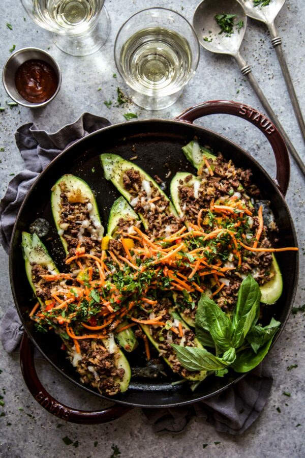 Thai Basil Beef Stuffed Zucchini