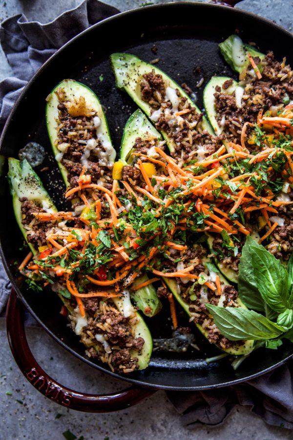 Thai Basil Beef Stuffed Zucchini