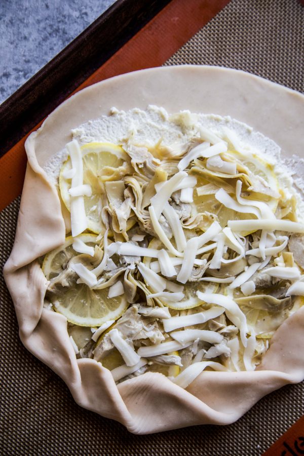 Lemon Feta and Artichoke Galette on a table