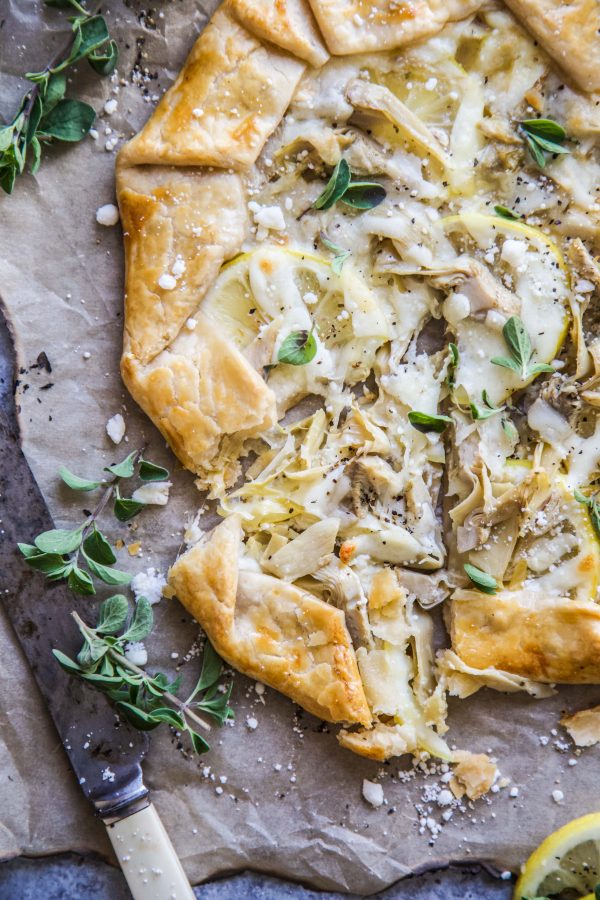 Lemon Feta and Artichoke Galette on a table