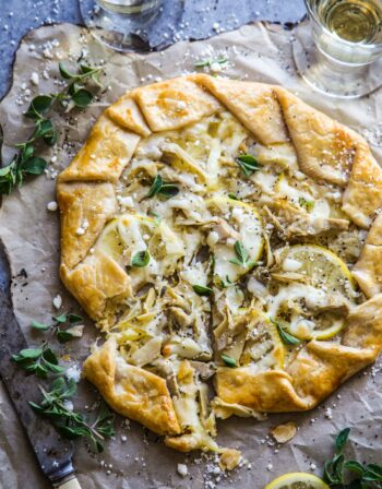 Lemon Feta and Artichoke Galette on a table