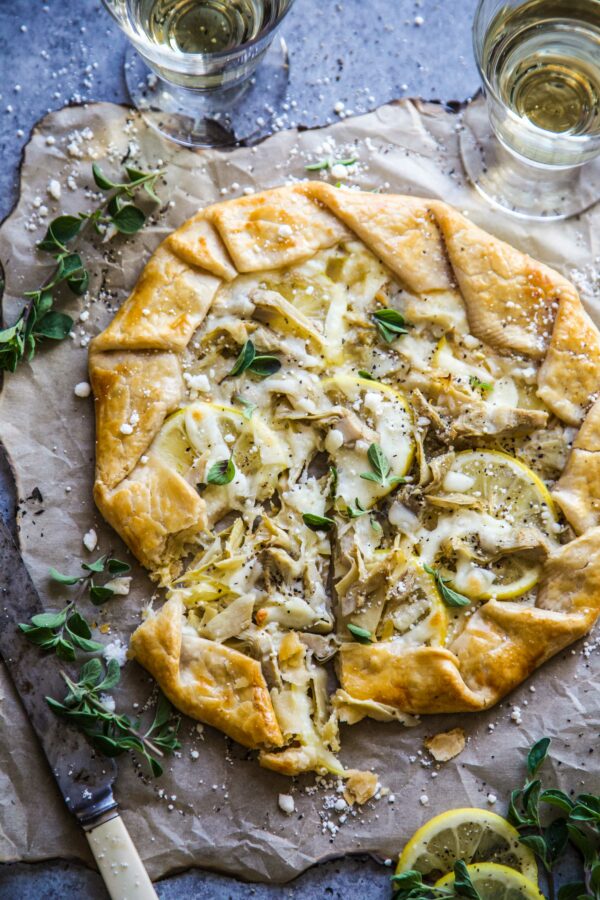 Lemon Feta and Artichoke Galette on a table