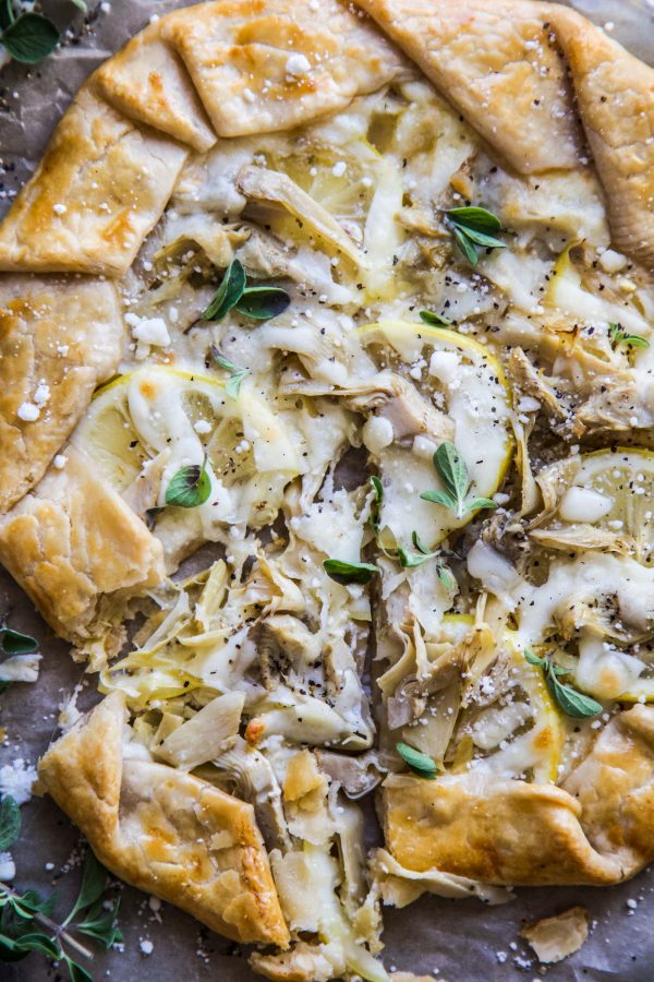 Lemon Feta and Artichoke Galette on a table