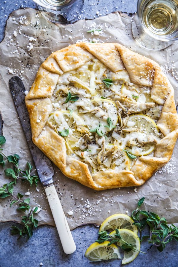 Lemon Feta and Artichoke Galette on a table