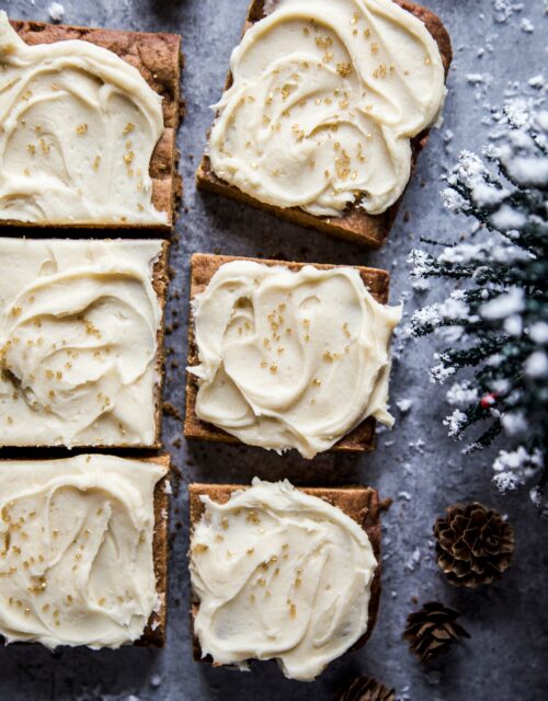 Gingerbread Cookie Bars with Caramel Frosting on a table