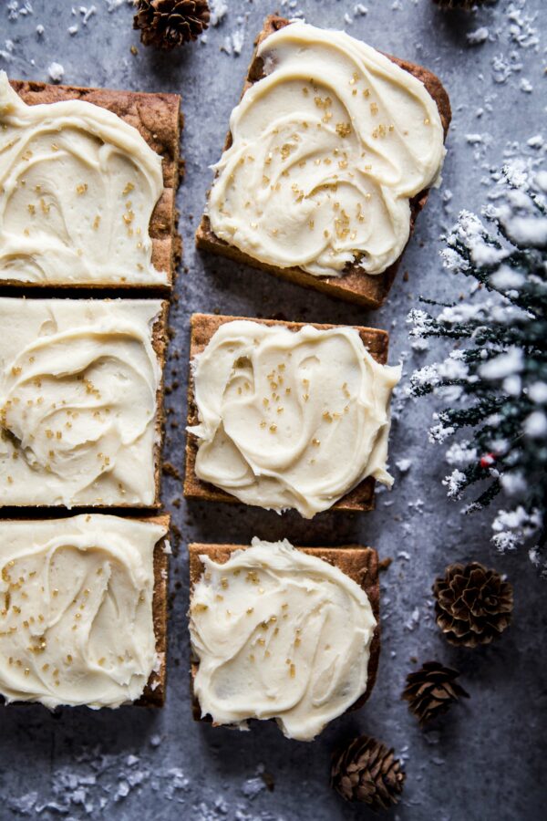 Gingerbread Cookie Bars with Caramel Frosting on a table