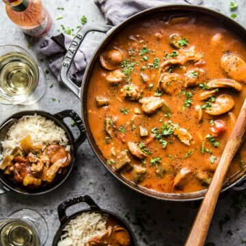Chicken and Chorizo Gumbo in a skillet