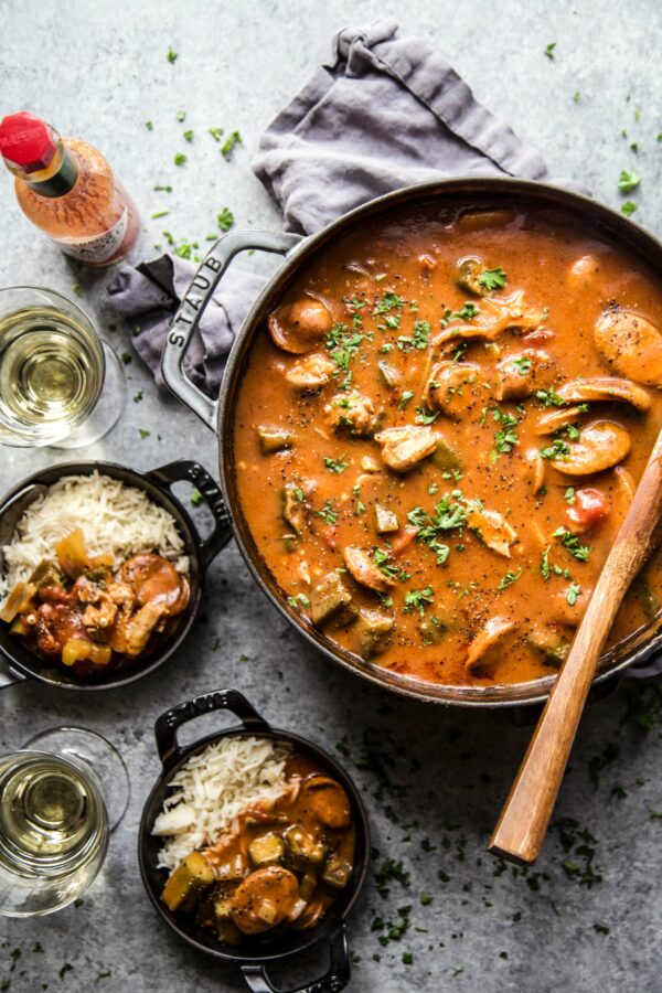 Chicken and Chorizo Gumbo in a skillet