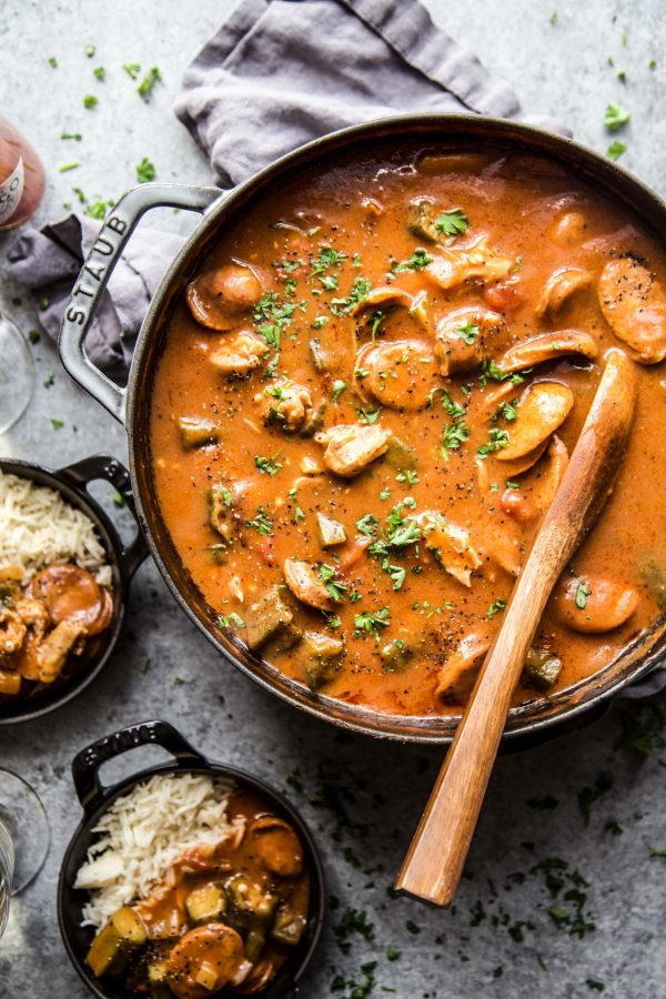 Chicken and Chorizo Gumbo in a skillet