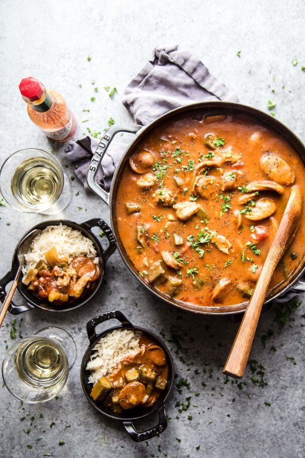 Chicken and Chorizo Gumbo in a skillet