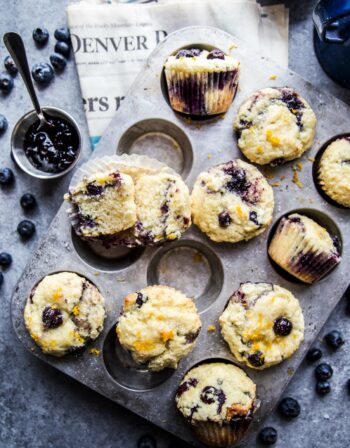 double blueberry citrus topped muffins on a table