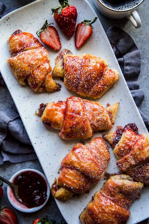 Easy Strawberry and Cardamom Croissants on a serving tray