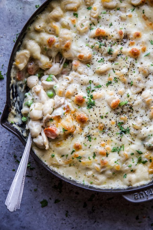 Gnocchi-topped crustless chicken pot pie in a skillet.