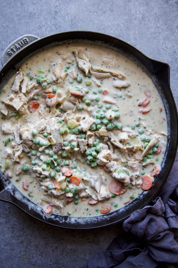 chicken pot pie mixture in skillet