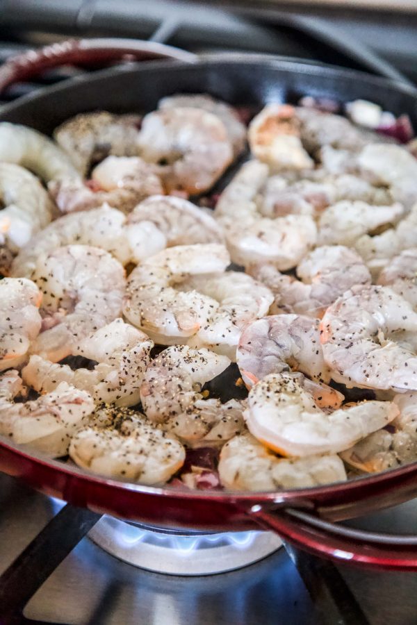 shrimp cooking in a skillet