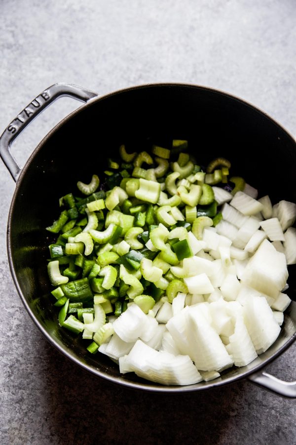 celery, onions, and green pepper in a skillet