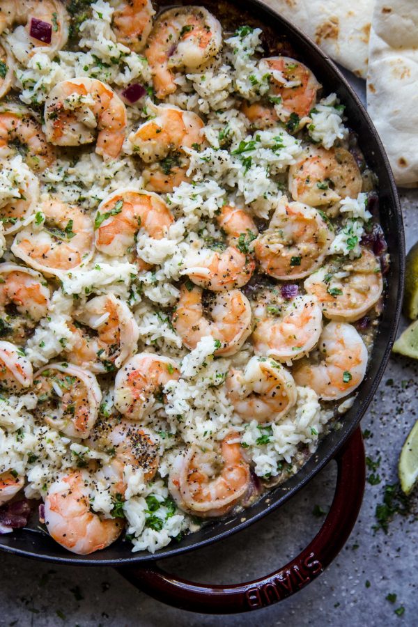 salsa verde shrimp and cilantro rice skillet on a table