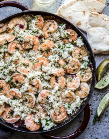 salsa verde shrimp and cilantro rice skillet on a table