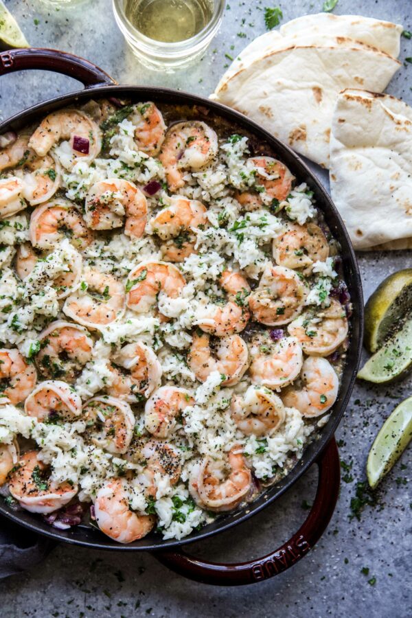 salsa verde shrimp and cilantro rice skillet on a table