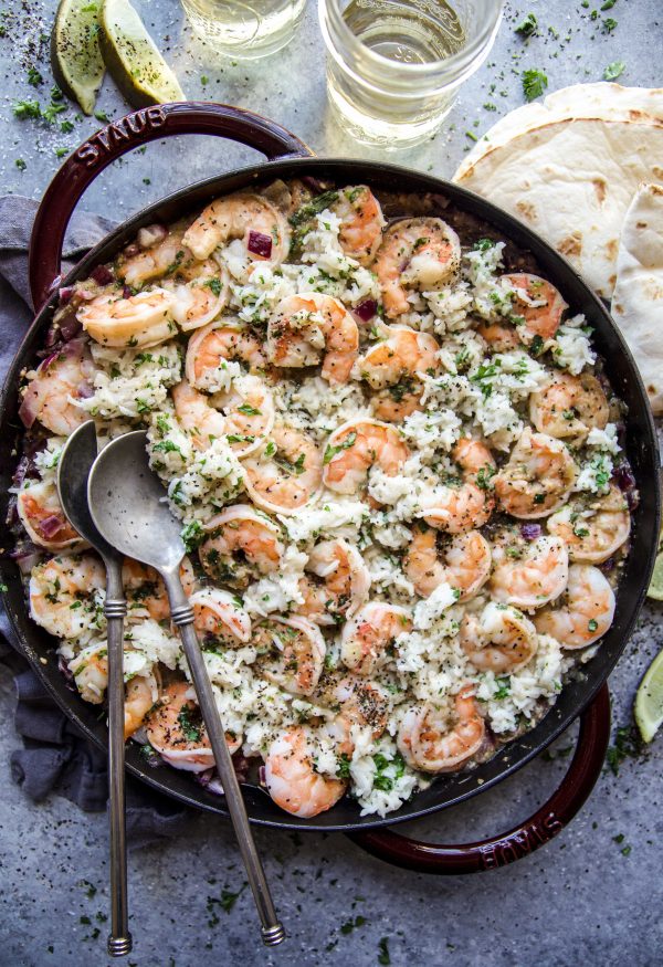 salsa verde shrimp and cilantro rice skillet on a table