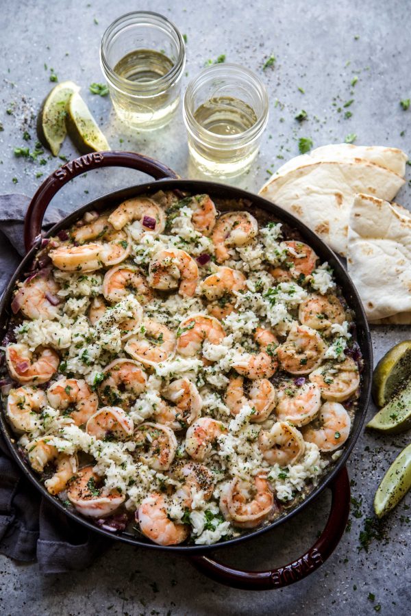 salsa verde shrimp and cilantro rice skillet on a table