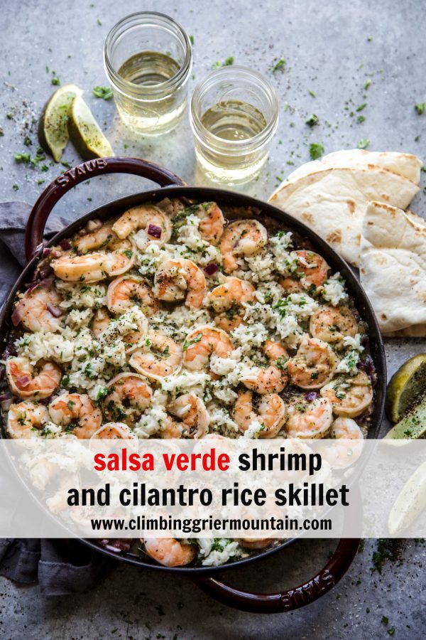 salsa verde shrimp and cilantro rice skillet on a table