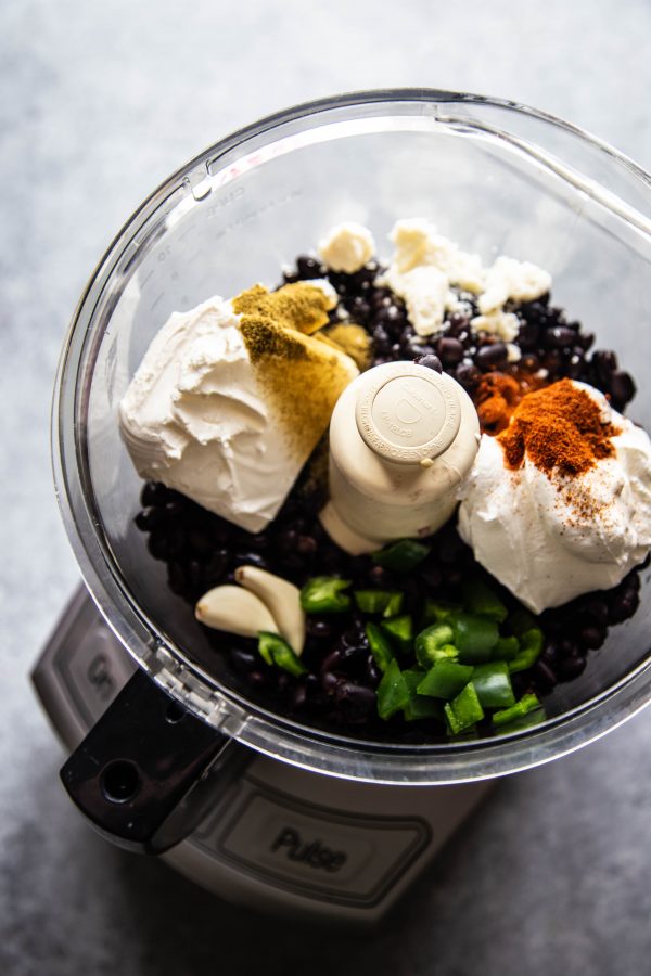 ingredients used to make the black bean dip in a food processor