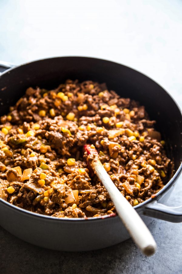 cheeseburger bottom mixture in a skillet