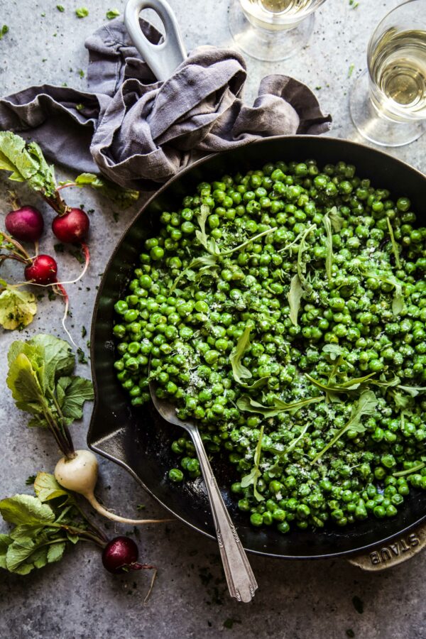 Peas and Greens with Cacio e Pepe Dressing 