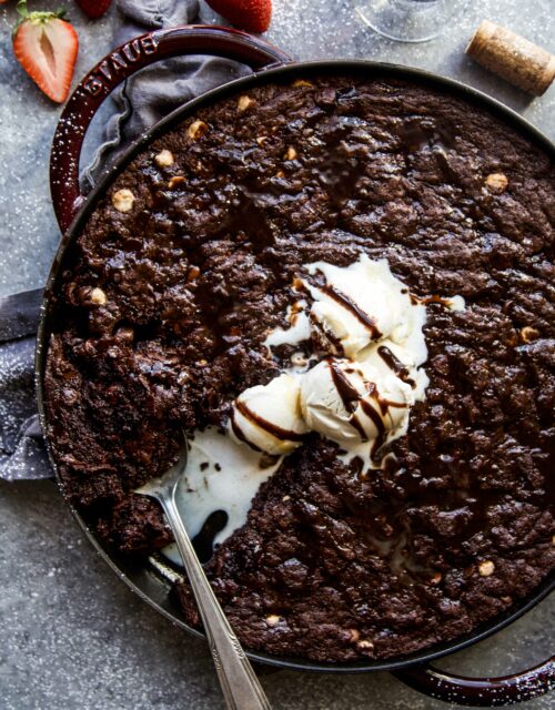 Triple Chocolate Skillet Brownie on a table