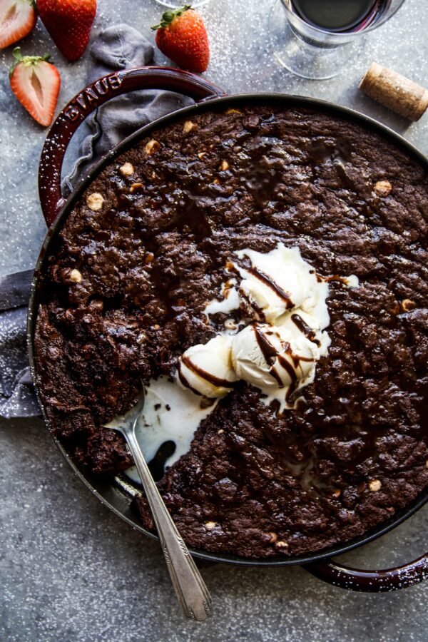 Triple Chocolate Skillet Brownie on a table