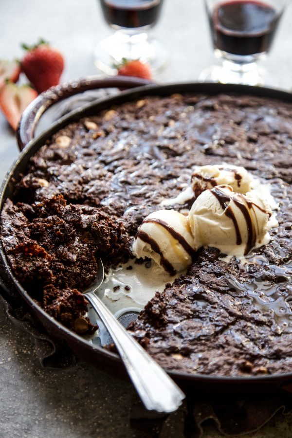 Triple Chocolate Skillet Brownie on a table