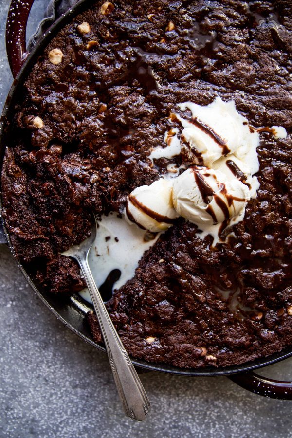 Triple Chocolate Skillet Brownie on a table