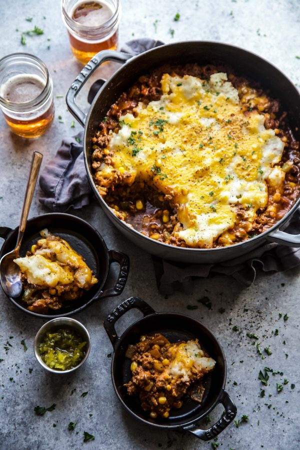 cheeseburger shepherd's pie in a skillet