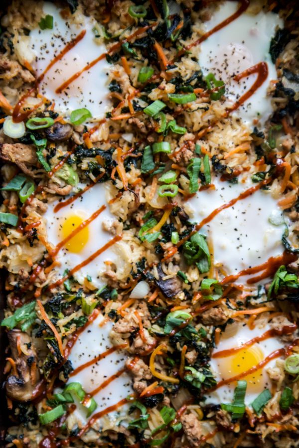 bibimbap Casserole with Ground Pork  in a skillet