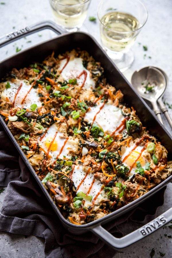 bibimbap Casserole with Ground Pork in a skillet on a table