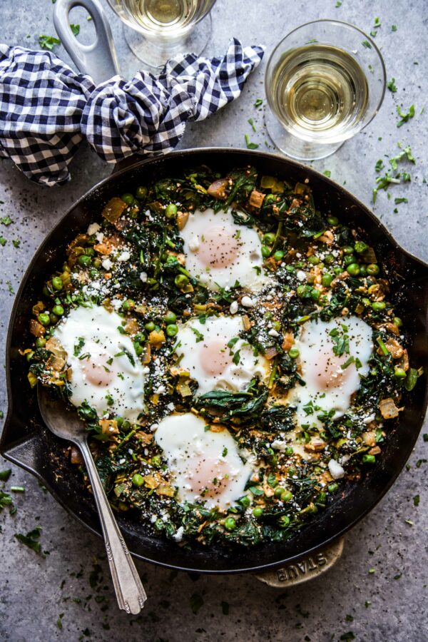 Feta, Spinach, & Pea Shakshuka www.climbinggriermountain.com