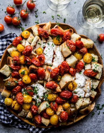 Roasted Tomato & Burrata Bread Toss www.climbinggriermountain.com