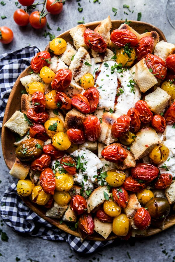 Roasted Tomato & Burrata Bread Toss www.climbinggriermountain.com